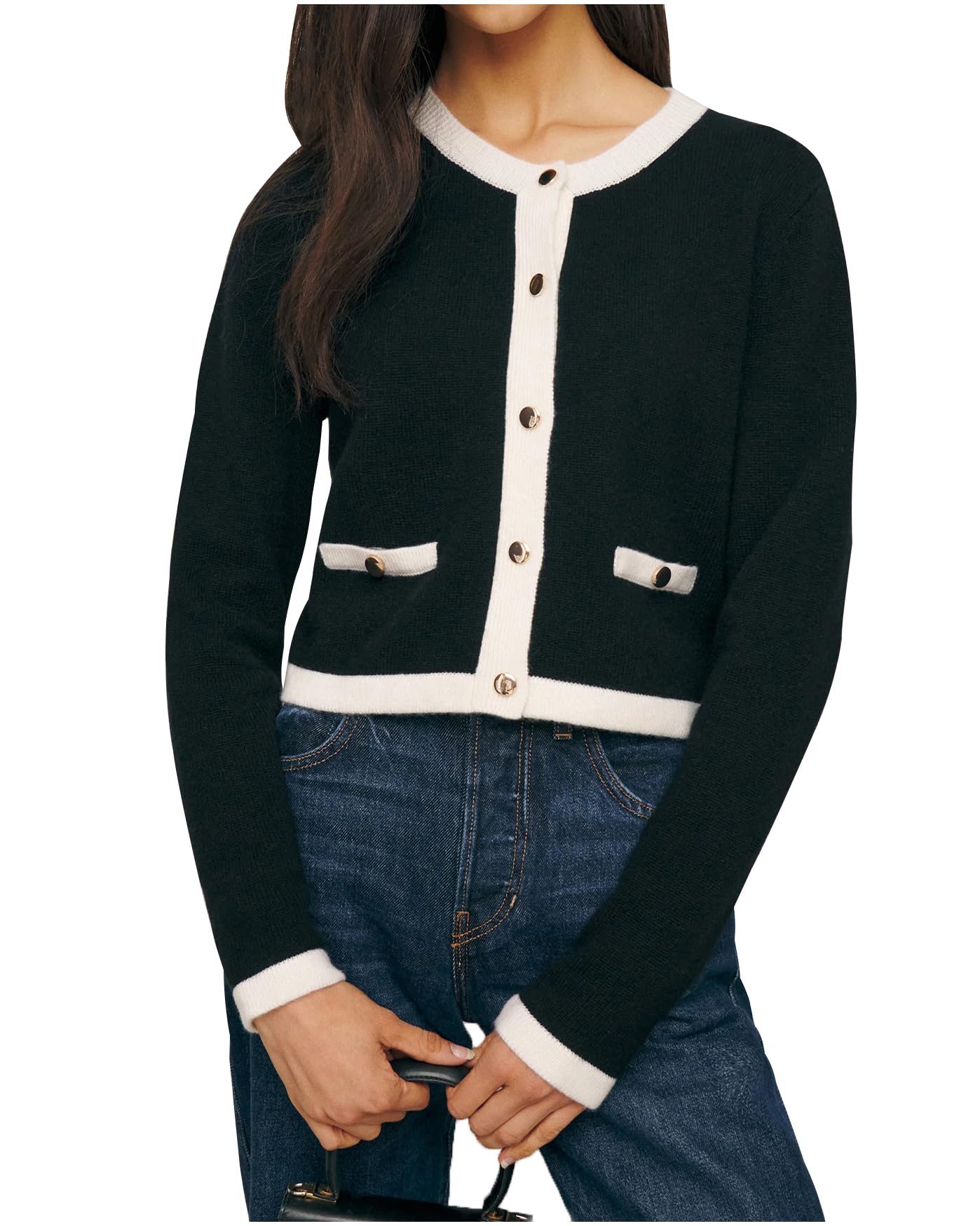 Photo 1 of YEXPINE Women's Cropped Cardigan Sweaters Color Blocked Open Front Lightweight Button Down Knit Lady Jackets Black