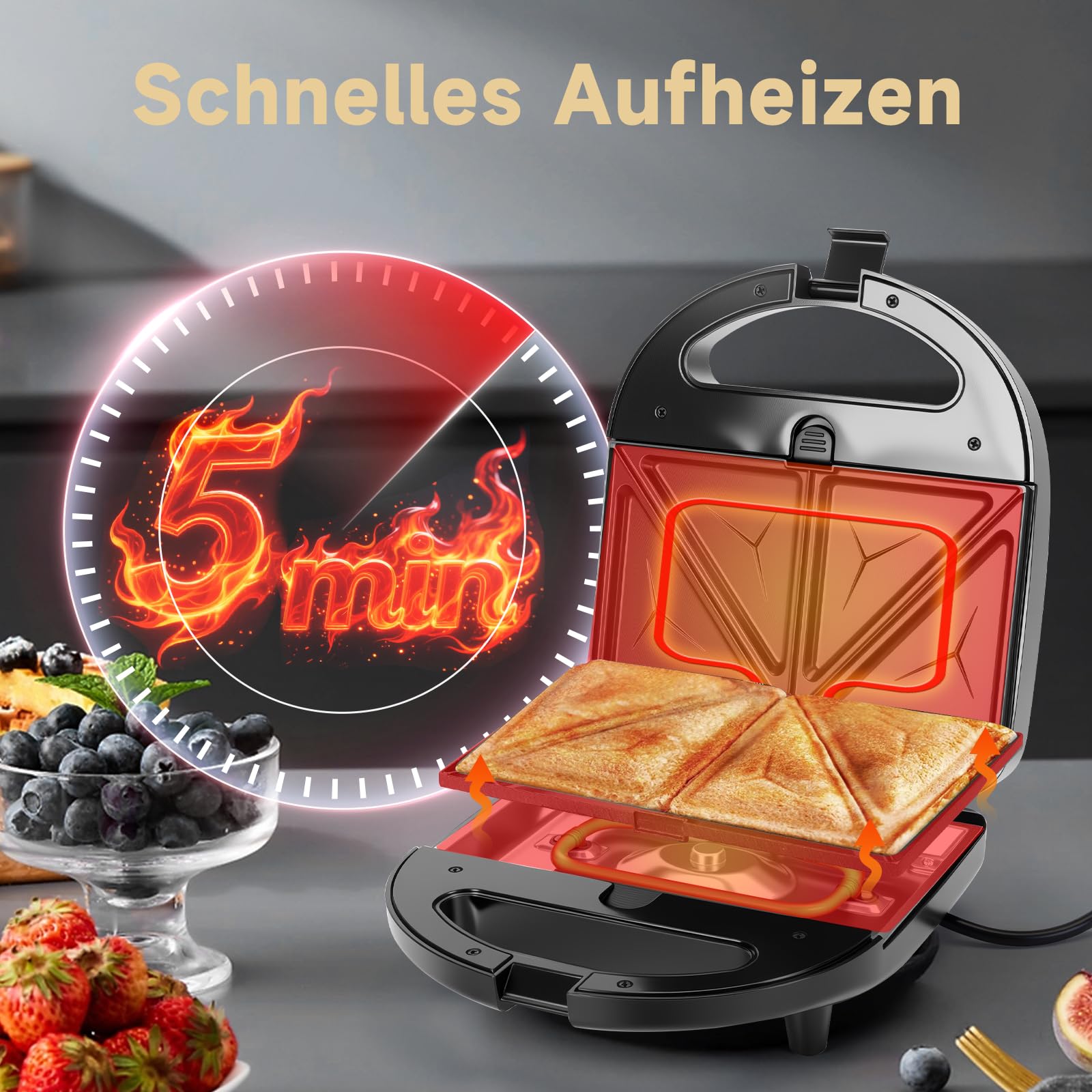 Sandwichmaker 3 in 1, Sandwichtoaster, Kontaktgrill, Waffeleisen 3 in 1, 3 Abnehmbare, Spülmaschinengeeignete und Antihaftbeschichtete Grillplatten, Dreieckig Sandwich Maker 30JVU, 750 W 3