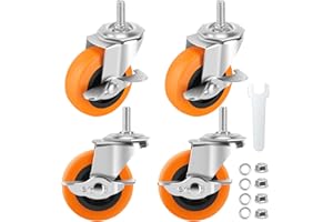 WHARSTM Caster Wheels, 3 Inch Casters Set of 4, Threaded Stem 3/8"-16 x 1 (Screw Diameter 3/8", Length 1") Polyurethane Locking Swivel Castors,Heavy Duty Caster with Brake Wheels for Furniture and Workbench
