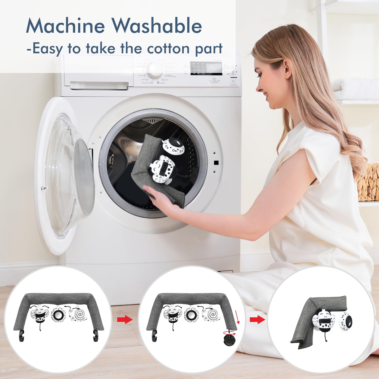 Baby Bjorn Bouncer Toy Bar, Toy Bar for Baby Bouncer Bliss and Balance Soft with 3 PCS Cute Sensory Toys, Easy to Attach and Remove, Skin -Friendly, Machine Washable, Black and White, Soft