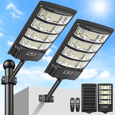 Lampione Solare per Esterno, 6500K Lampada Stradale Solare con Sensore di Movimento, Telecomando, Impermeabili 320° Illuminazione Faretto Solari con Pannello per Giardino, Strada (2 Pezzi)