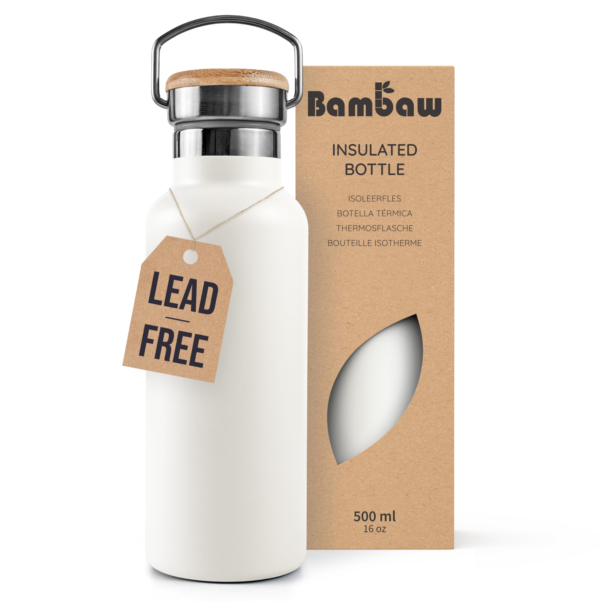 Bambaw 500 ml Insulated Water Bottle Metal, Stainless Steel Water Bottles 500ml, Double-Walled & Rust-Resistant, Leak-Proof, Lightweight & Perfect for Travel (Polar White)