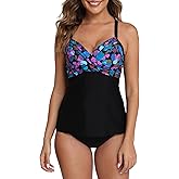Halcurt Women's Twist Front Tankini Swim Top Only V Neck Loose Fit Bathing Suit Push Up Swimsuit Top