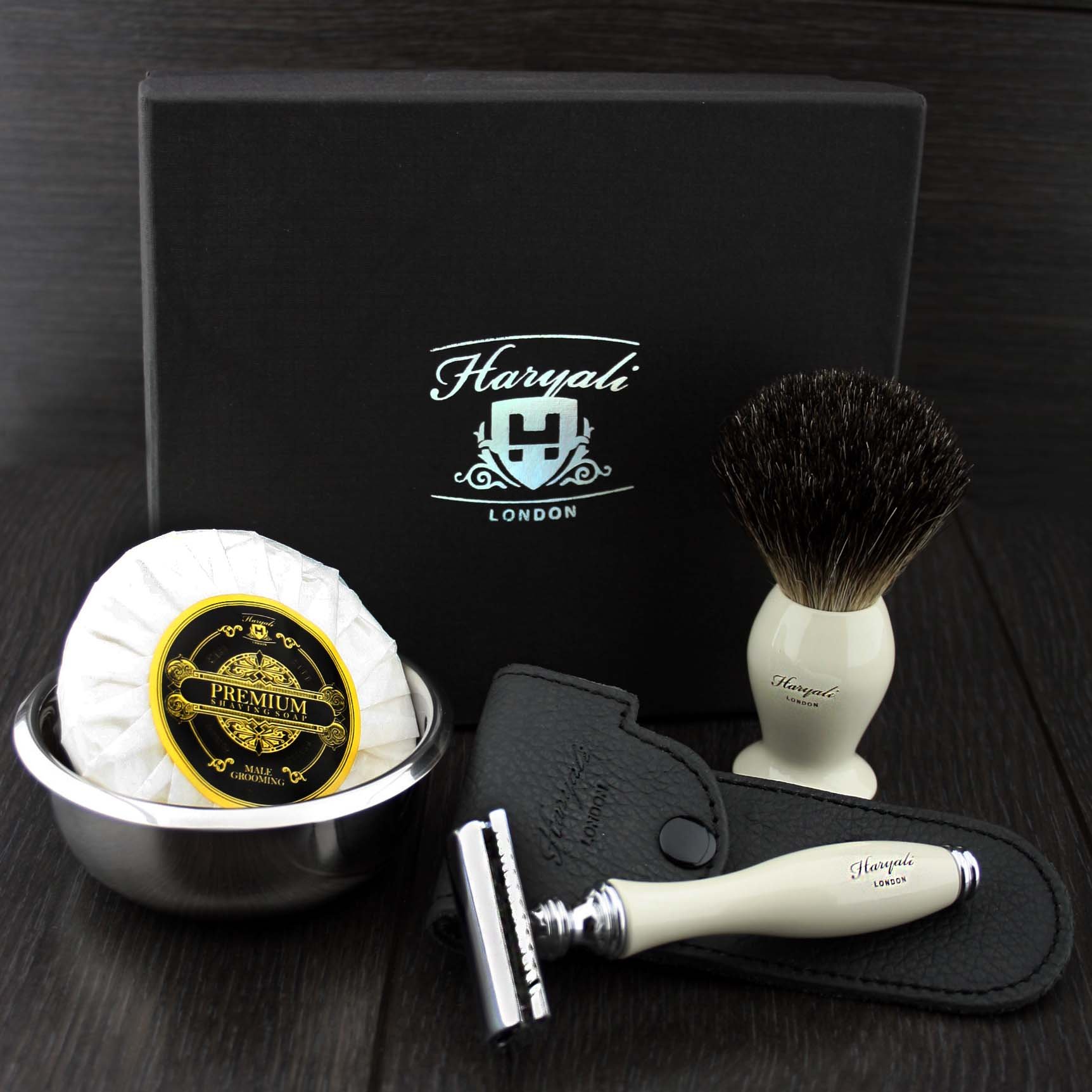 DE Safety Shaving Razor with Black Badger Hair Brush,Leather De Safety Cover &Bowl with Soap