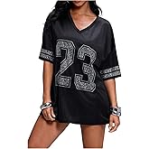 WDIRARA Women's Rhinestone Jersey Shirts Number Graphic V Neck Half Sleeve Loose Tops Streetwear