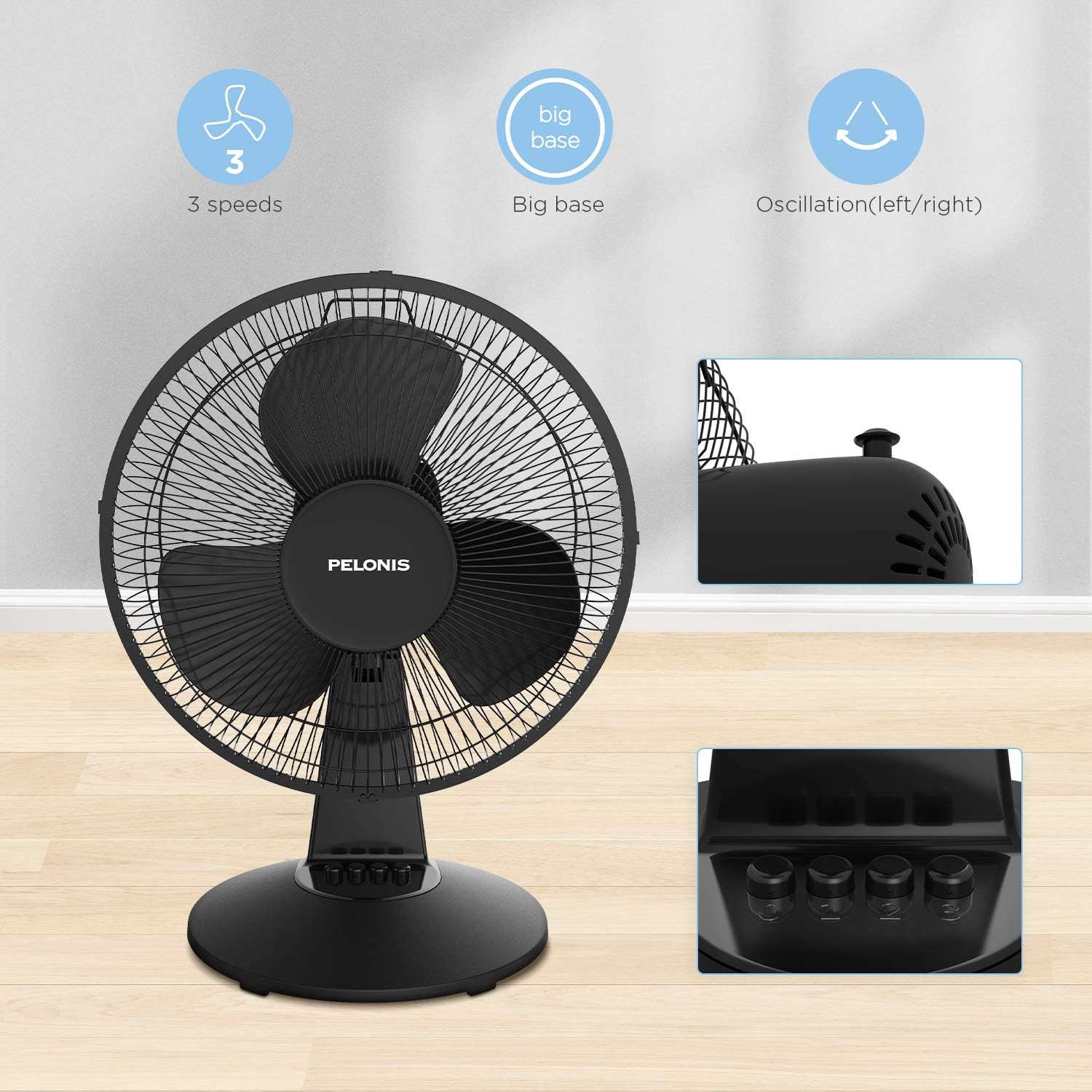 PELONIS PFT30T2ABB-V Portable 3-Speed 12-Inch Oscillating Table Air Circulation Fan, 2020 New Model Black: Home & Kitchen