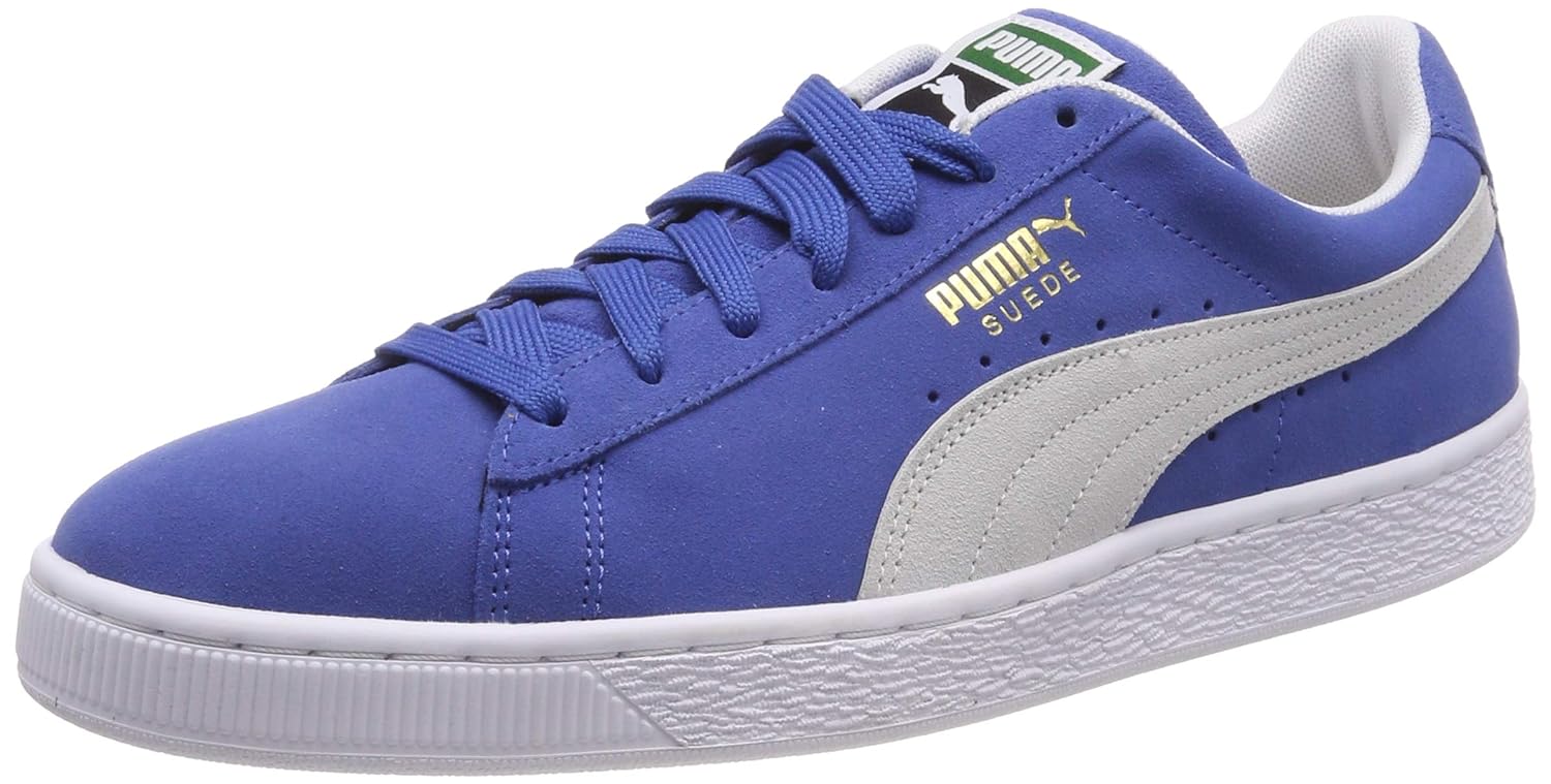 blue and white puma suede