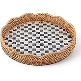 Fiwochic Scalloped Round Rattan Tray with Mother of Pearl Inlay 12 inch Checkered Rattan Serving Tray with Wooden Base Decorative Woven Wicker Coastal Collection for Coffee Bread Fruits Table Decor
