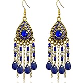 Ricarmo Bohemian Dainty Vintage Gold Crystal Teardrop Chandelier Lightweight Dangle Drop Earrings Retro Alloy Chain Fringe Hook Earrings For Women Jewelry Gifts