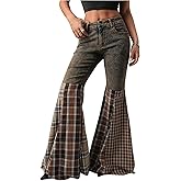MakeMeChic Women's Plaid Jeans Bell Bottom Wide Leg Bootcut Jeans Flare Y2k Vintage Denim Pants