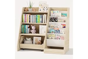 COZPAW Kids Bookshelf and Toy Storage, 4 Tier Toddler Bookshelf with Movable Drawer 5 Sling Pockets, Montessori Book Shelf for Kids Room, Playroom, Nursery (Oak)