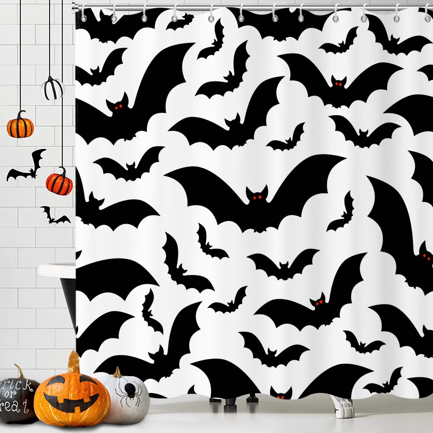 Photo 1 of GCIREC Halloween Shower Curtain, Halloween Theme Black and White Bat Bathroom Curtain Halloween Party Decor Waterproof Fabric Machine Washable with 12 Hooks