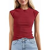 Tankaneo Womens Cap Sleeve Tops Crew Neck Ribbed Knit T Shirt Summer Casual Slim Fit Basic Tees Tshirt