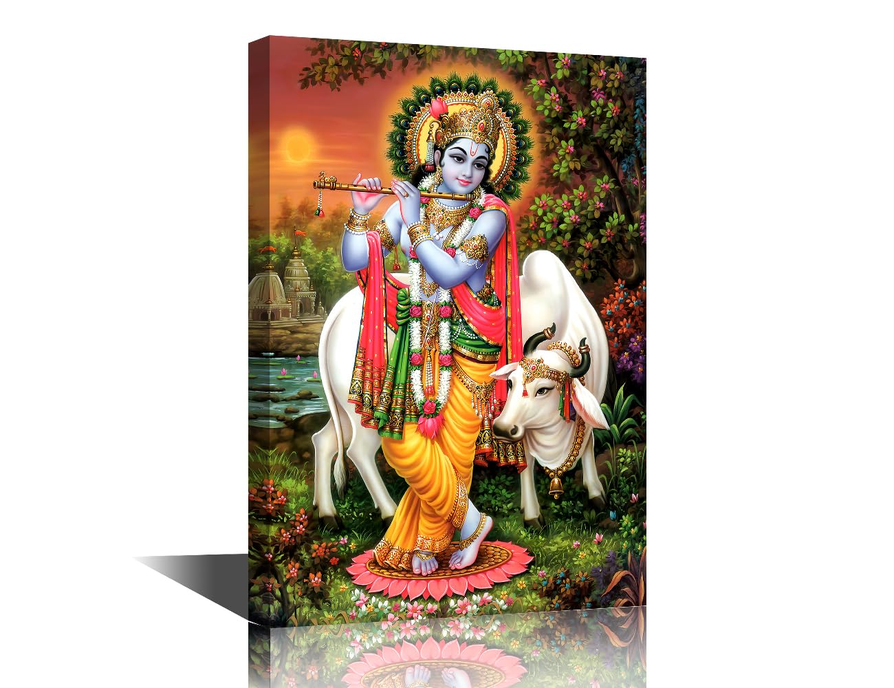 Hindu God Wall Poster Canvas Wall Art Krishna Bansuri Cow Pictures for Living Room India Religious Culture Art Prints with Frame Wall Decor for Living Room Decor 24x16inch