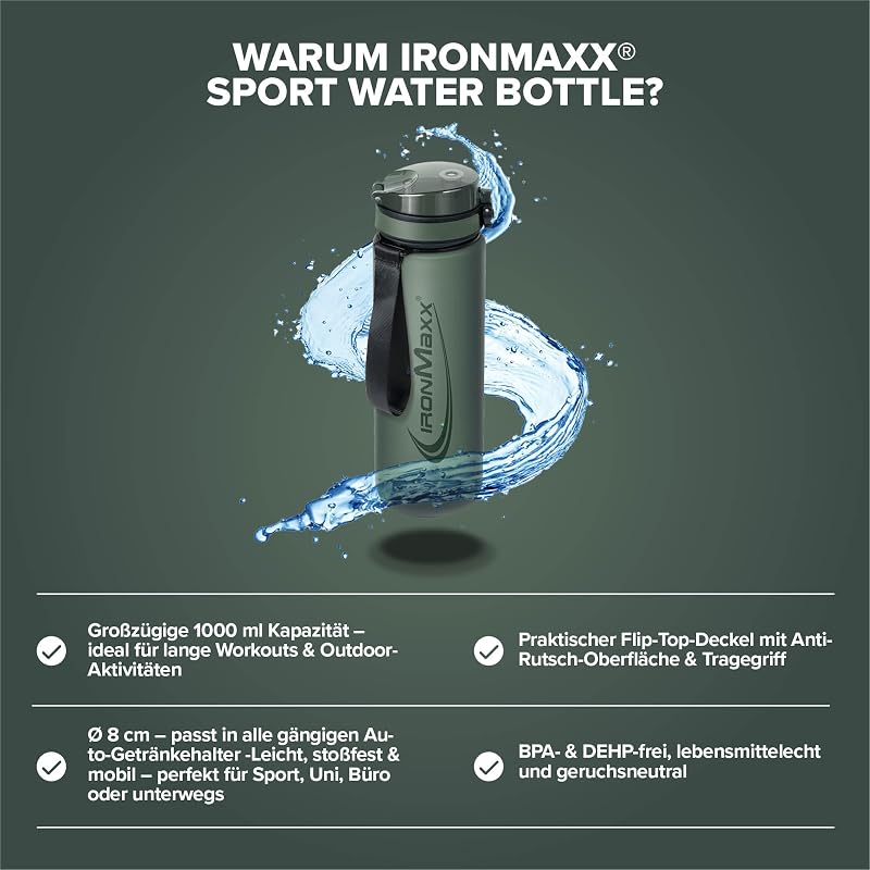 Sport Water Bottle – Mineral Green 1000ml | Robuste & auslaufsichere Trinkflasche mit Schraubverschluss | BPA-frei & wiederverwendbar | Perfekt für Training, Alltag & unterwegs