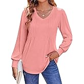 TICTICMISS Women's Pleated V Neck T Shirts Puff Long Sleeve Tops Casual Loose Fit Tunic Blouses