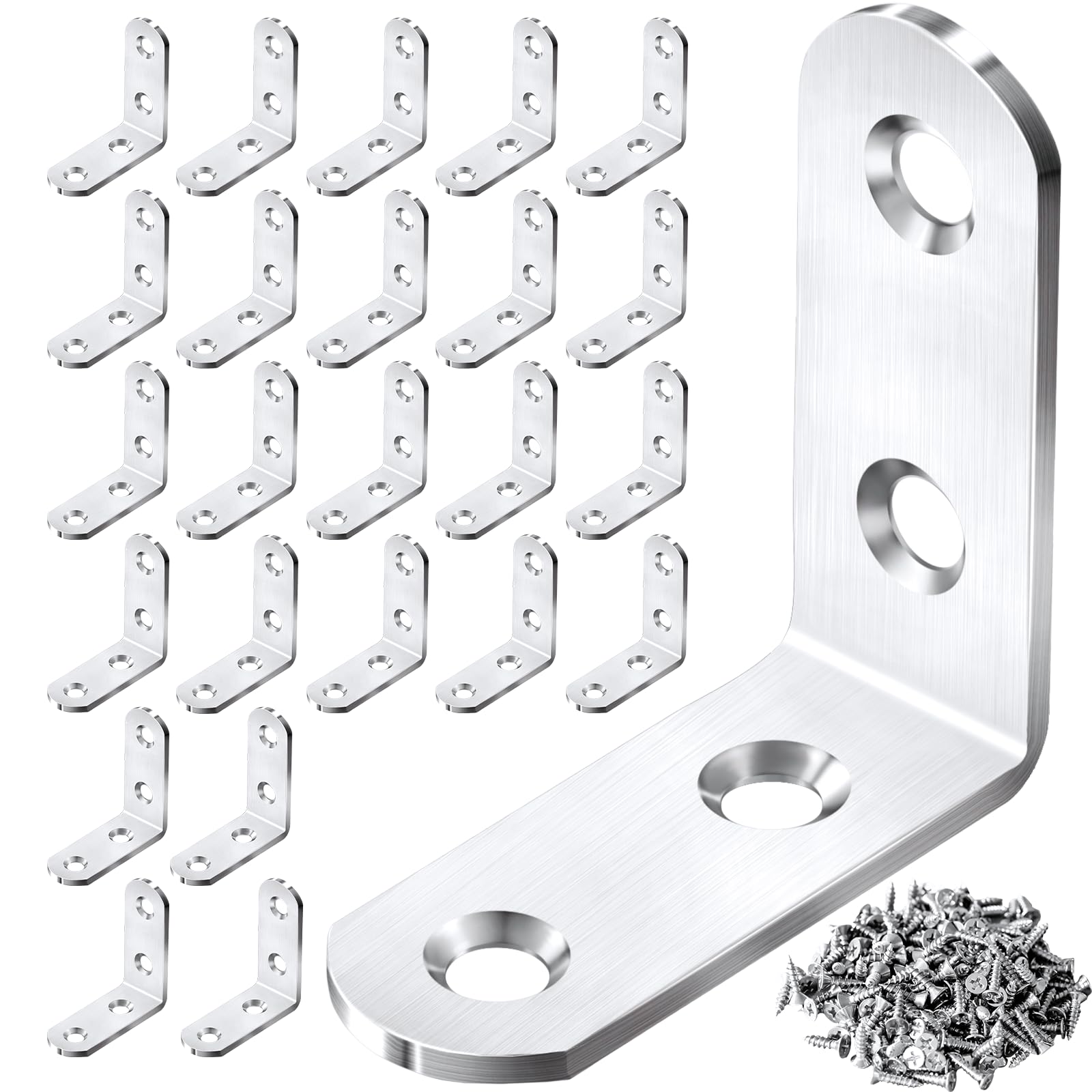 Photo 1 of 24PCS Silver L Bracket Corner Sets 90 Degree Corner Brace Right Angle Bracket Metal Stainless Steel for Wood Shelves Cabinet Furniture Tables Chairs and DIY with 100PCS Screws (1.6*1.6 in)