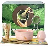 Matcha Whisk Set, 7PCS Matcha Set Includes Ceramic Matcha Set Includes Matcha Bowl, Matcha Whisk and Holder, Bamboo Scoop, Scoop Rest, Sifter and Tea Towel, Gift Bag (Pink)