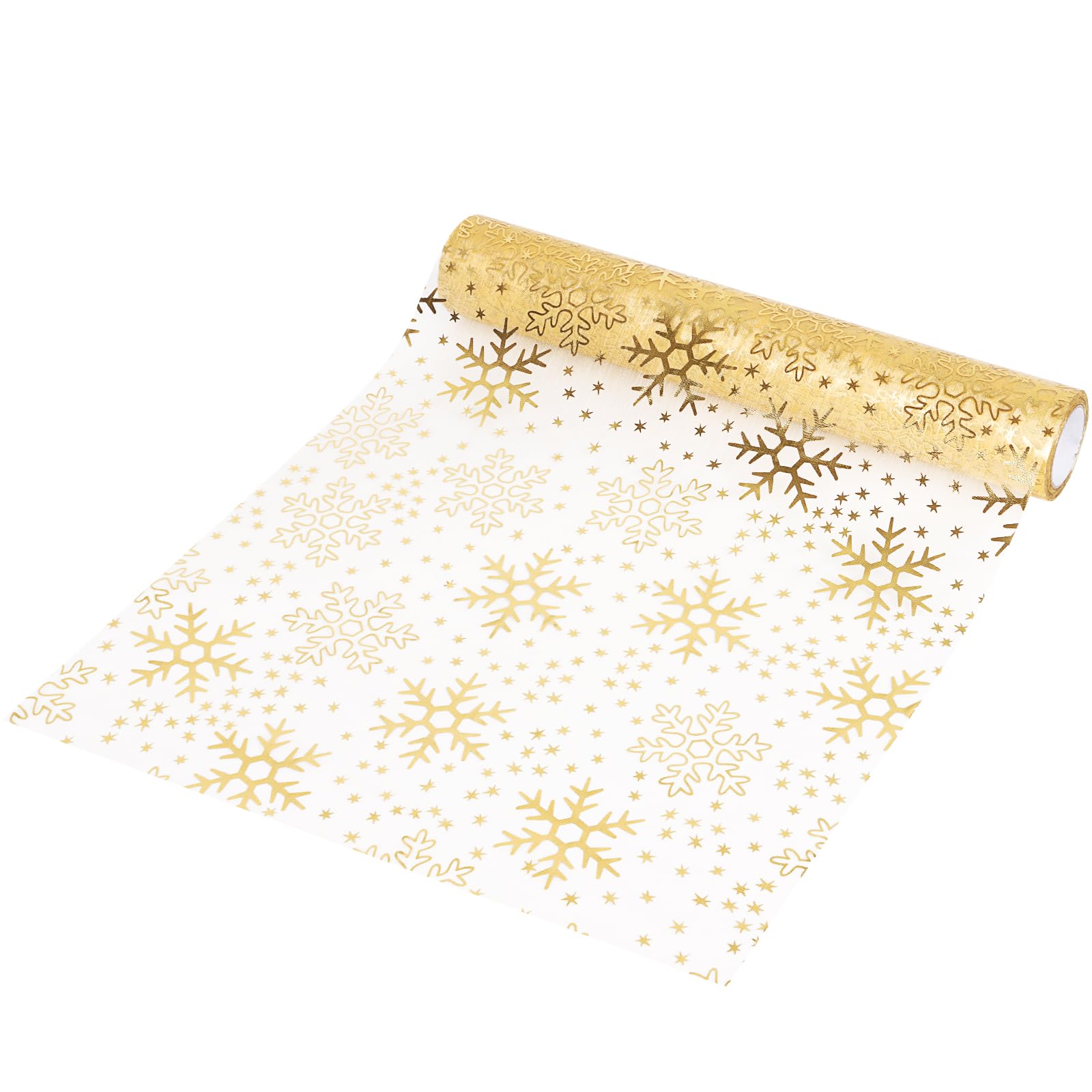 DERAYEE 10 Yards Christmas Table Runner, Gold Snowflakes Organza Tulle Roll Glitter Foil Table Cloth for Chrismas Table Decorations DIY Crafts Xmas Party Decor Gift Wrapping