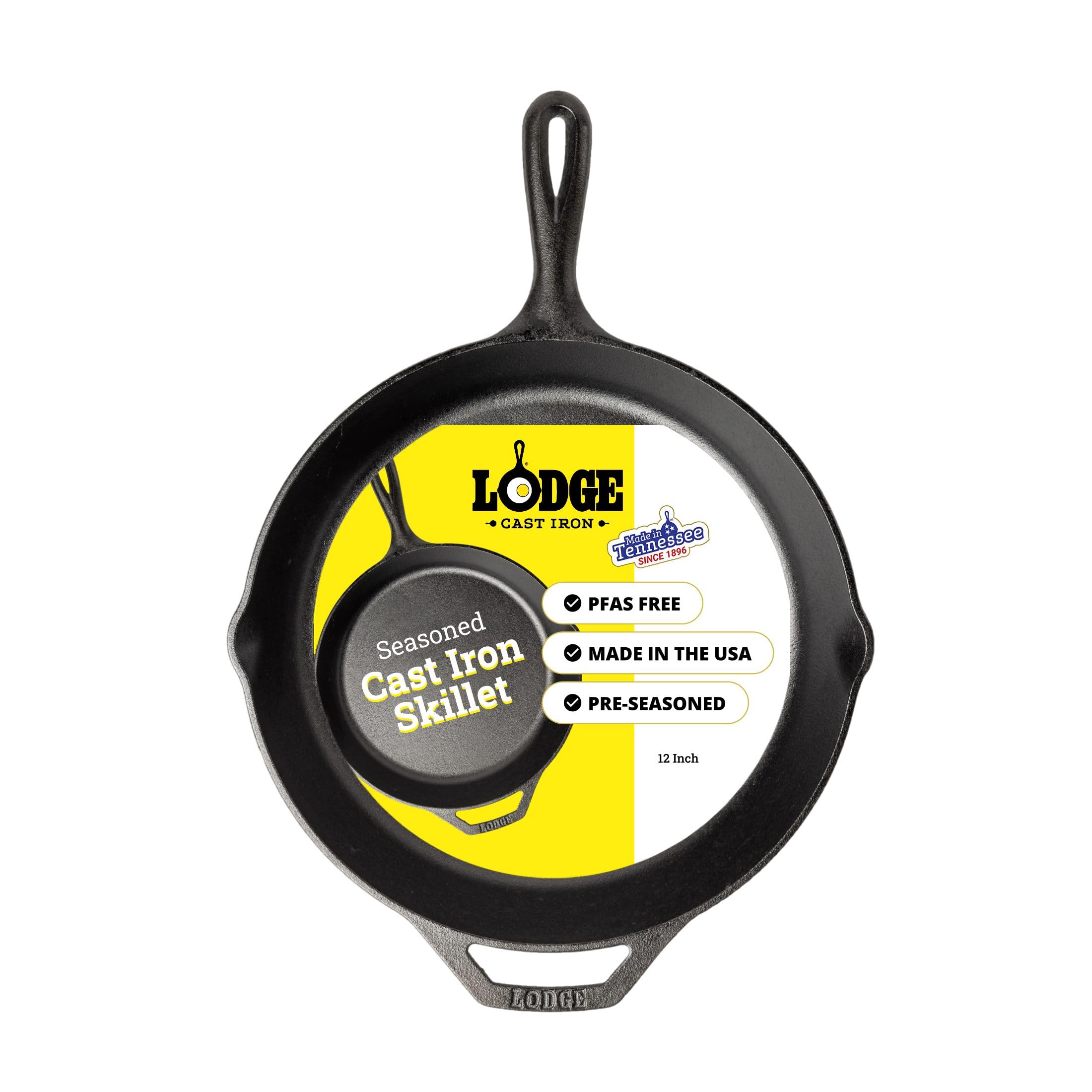 Lodge Seasoned Cast Iron Skillet 12 Inches - PFAS-Free, Non-Toxic Cookware - Use with an Oven, Stove, Grill, or Campfire - Naturally Non-Stick & Oven Safe