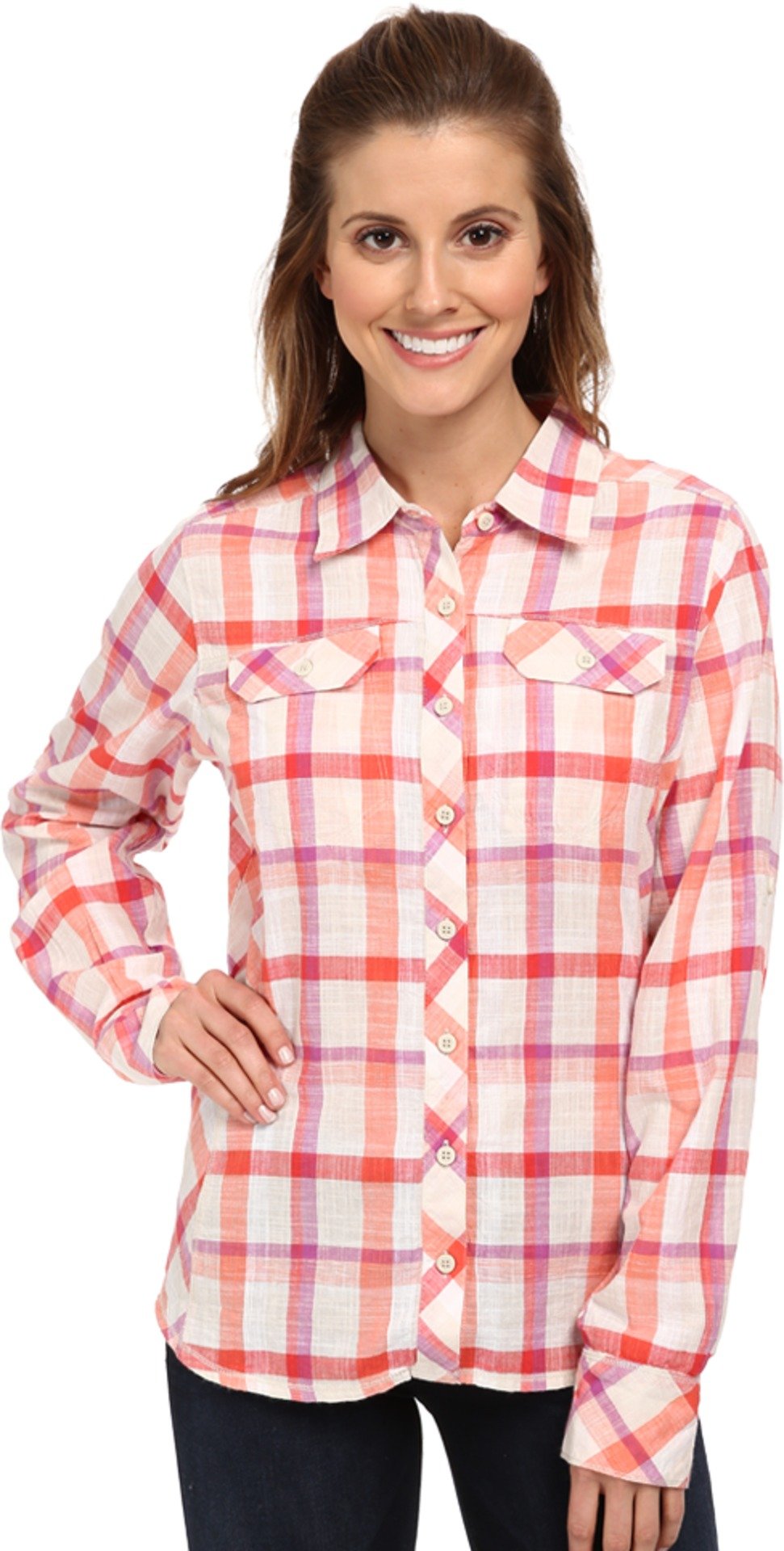 Columbia Women's Camp Henry Long Sleeve Shirt - Coral Flame/Plaid, Medium