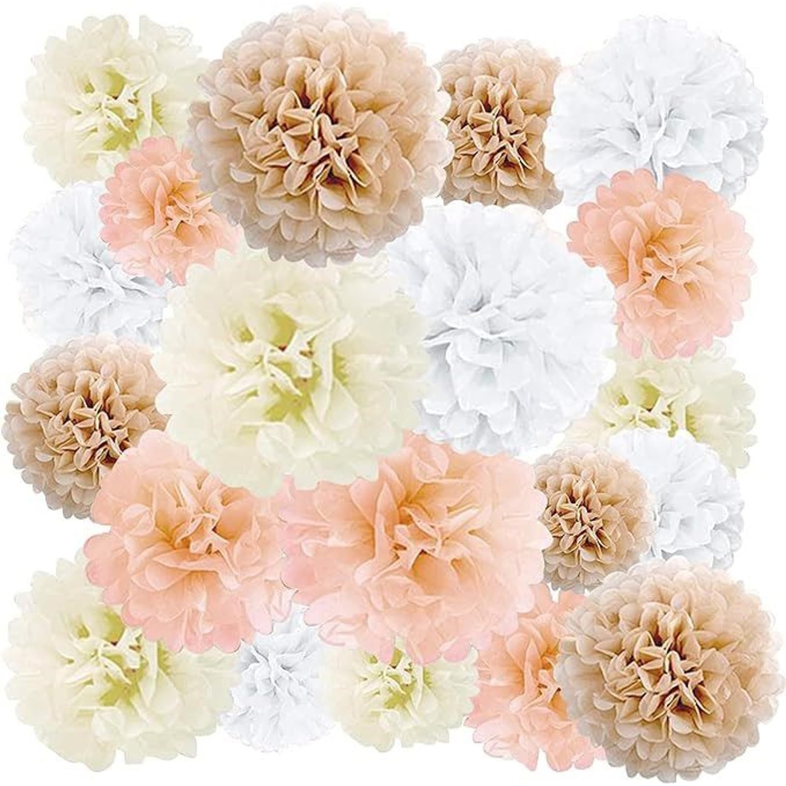EpiqueOne 20-Piece Tissue Paper Pom Poms Party Kit - Add a Splash of White, Ivory, Peach and Champagne to Your Celebrations! Perfect for Birthday, Bridal Shower, Baby Shower, Wedding & Graduation