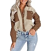 Dokotoo Womens Corduroy Color Block Button Down Shirts Casual V Neck Plaid Long Sleeve Oversized Blouses Tops