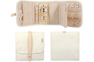 Voova Travel Jewelry Holder Organizer Case, Small Jewelry Storage Bag for Women Girls, Foldable Traveling Jewellery Pouch Roll for Necklaces Rings Earrings Bracelets, Mini, Apricot