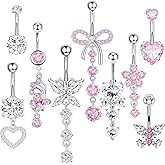 Suotarn 14G Belly Button ring Dangle Belly Rings Surgical Stainless Steel Cute Bow Butterfly Heart Flower Dangling Belly Button Piercing Jewelry For Women Silver Dainty Dangly Navel Ring