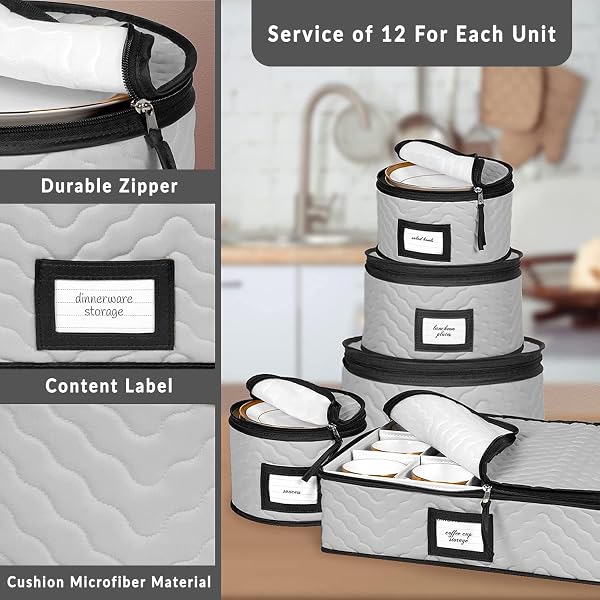 CHINA STORAGE CONTAINERS 5-PIECE SET MOVING BOXES FOR DINNERWARE, GLASSES, PLATES, MUGS AND SAUCERS STURDY QUILTED MICROFIBER DISH ORGANIZER WITH DIVIDERS FOR SEASONAL STORAGE – HOLDS SET OF 12, GRAY