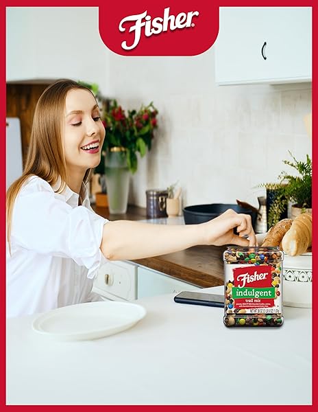 FISHER SNACK INDULGENT BULK TRAIL MIX, 38 OZ (PACK OF 1), PEANUTS, MILK CHOCOLATE CANDIES, RAISINS, MILK CHOCOLATE AND PEANUT BUTTER CHIPS, SNACKS FOR ADULTS AND KIDS, TRAIL MIX SNACKS