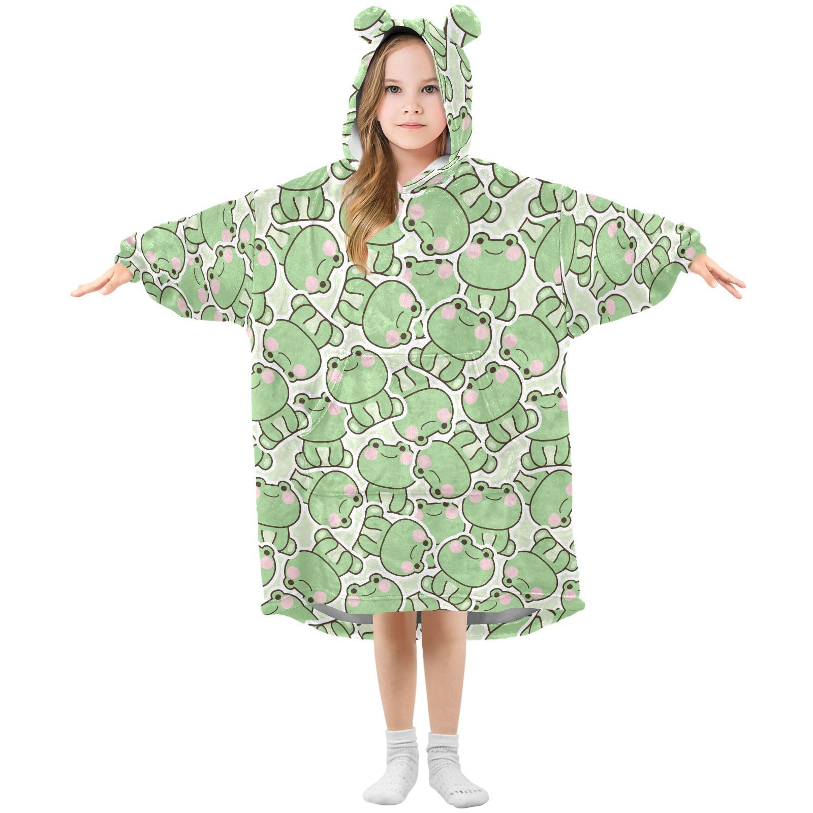 Oversized Blanket Hoodie for Kids Adult Girls Boys, Fleece Hoodie Blanket Frog Super Warm Plush Wearable Blanket Hoodie Sweatshirt with Roomy Pocket, Large