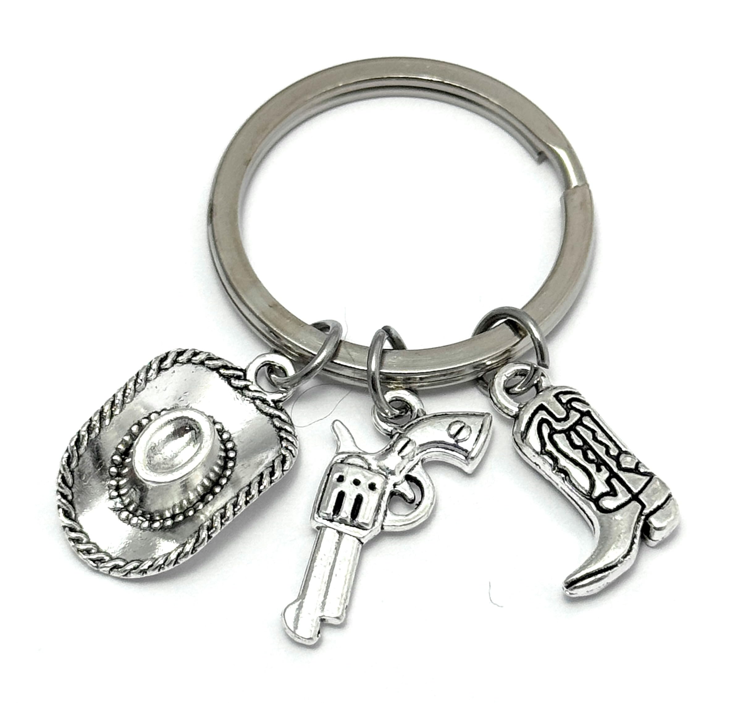 FizzyButton Gifts Cowboy Western Charm Keyring Key Ring with Hat, Boots and Pistol Charms
