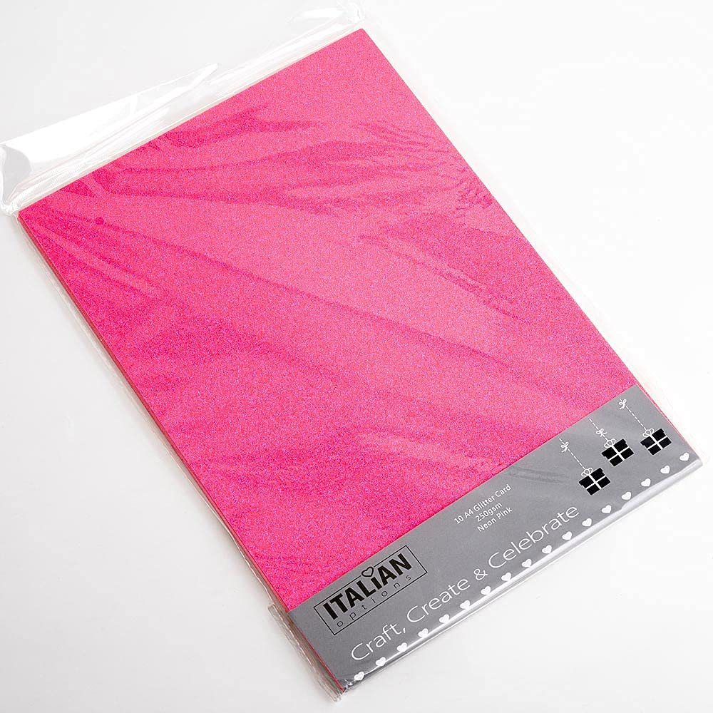 Italian Options Non-Shed Glitter Cardstock Paper, Sturdy Glitter Card for Electronic Die-Cutter Machines, Christmas Crafts and Card Making Supplies, 10 Coloured Sheets, A4, 250gsm, Neon Pink