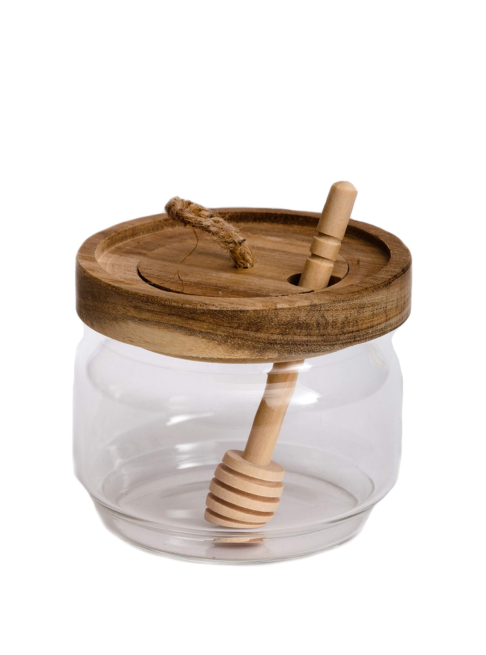 Photo 1 of Honey Jar Pot Glass Holder Dispenser Set with Wooden Dipper Stick and Acacia Lid Cover for Home Kitchen, Clear, Modern Honey Syrup Glass Container for Storage Gift, Honey Pot and Drizzler (9 Oz)