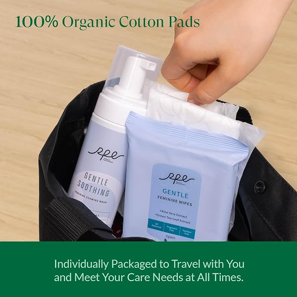 RPE LIFE FEMININE CARE BUNDLE, PERIOD ESSENTIALS 100% ORGANIC COTTON PADS FOR WOMEN, SIZE 2,3,5 SANITARY NAPKINS 124 CT, FLUSHABLE GENTLE FEMININE WET WIPES, PLANT-BASED SOOTHING FEMININE WASH