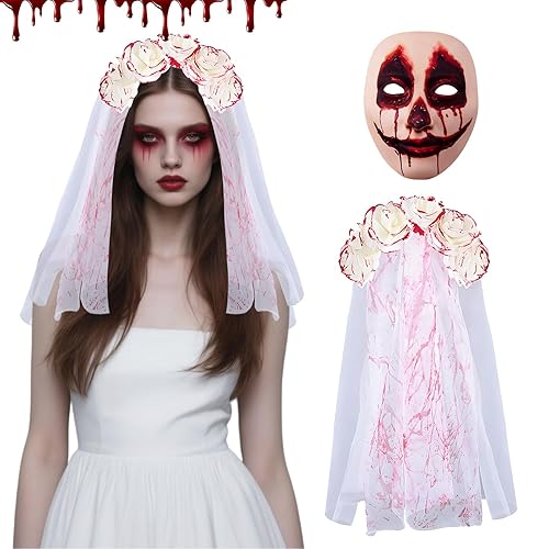 WEILAOK Bride Veil Halloween, Halloween Veil Headband+Haloween Mask, Zombie Bride Costume Woman, Corpse bride veil, Suitable for Costume Accessories for Carnival, Party, 2PCS