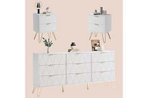 Anbuy Bedroom Sets 3 Pieces White Modern Nightstands and 9 Drawer Dresser Sets Bedside Table Set Bedroom Set 3 Pcs White
