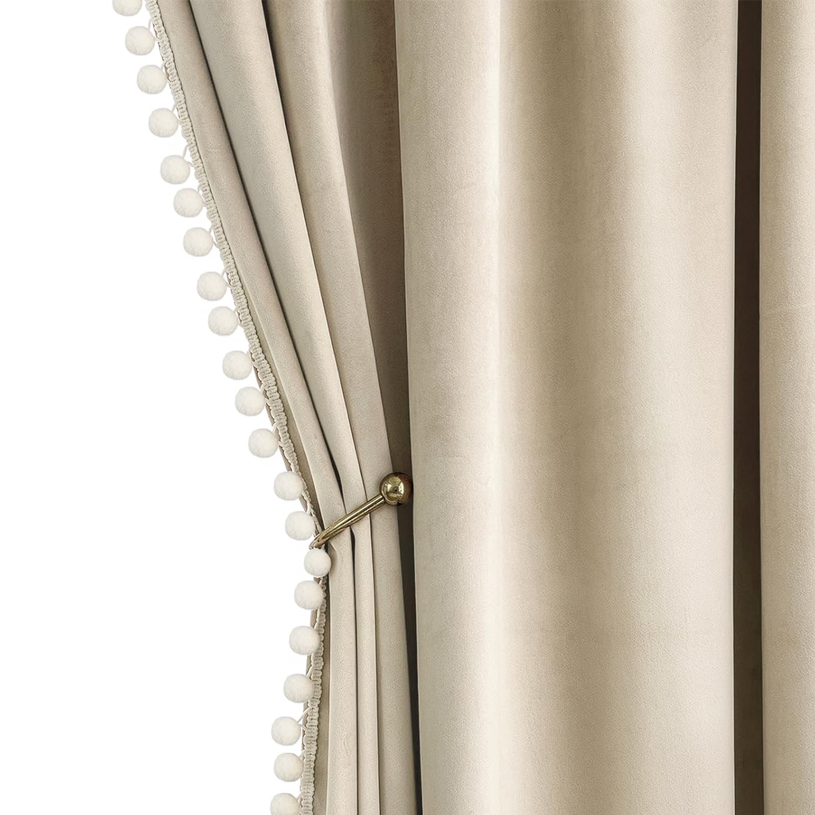 Photo 1 of MIULEE Beige Pom Pom Velvet Curtains for Bedroom/Living Room Cream Darkening Thermal Insulating 84 Inches Long Blackout Curtains with Rod Pocket for Girls Room/Nursery/Home Theater Set of 2