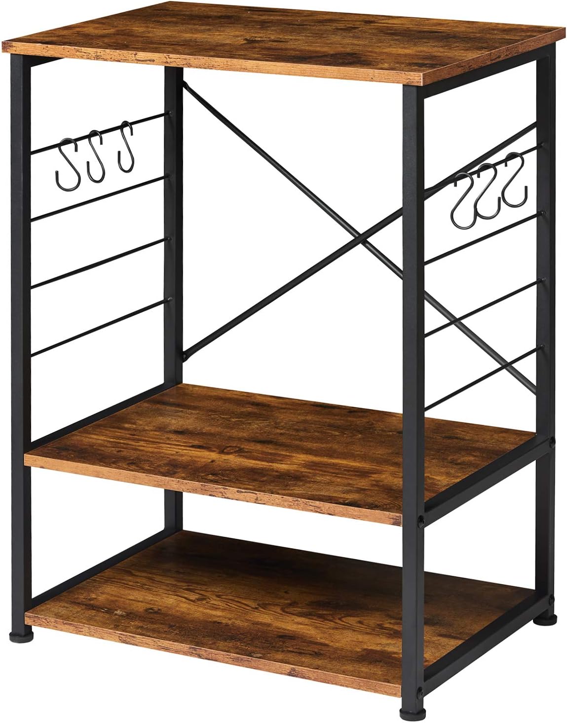 Itaar 3-Tier Industrial Kitchen Baker's Rack, Coffee Bar Microwave Stand with Metal Frame and 6 Hooks, Multifunctional Storage Racks in Kitchen Living Room
