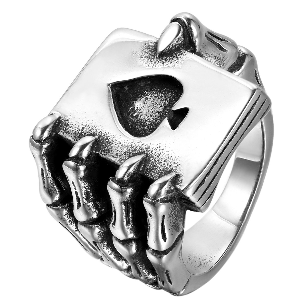 JewelryWe Mens Stainless Steel Ring, Gothic Skull Hand Claw Poker Playing Card, Black Silver,Size 9