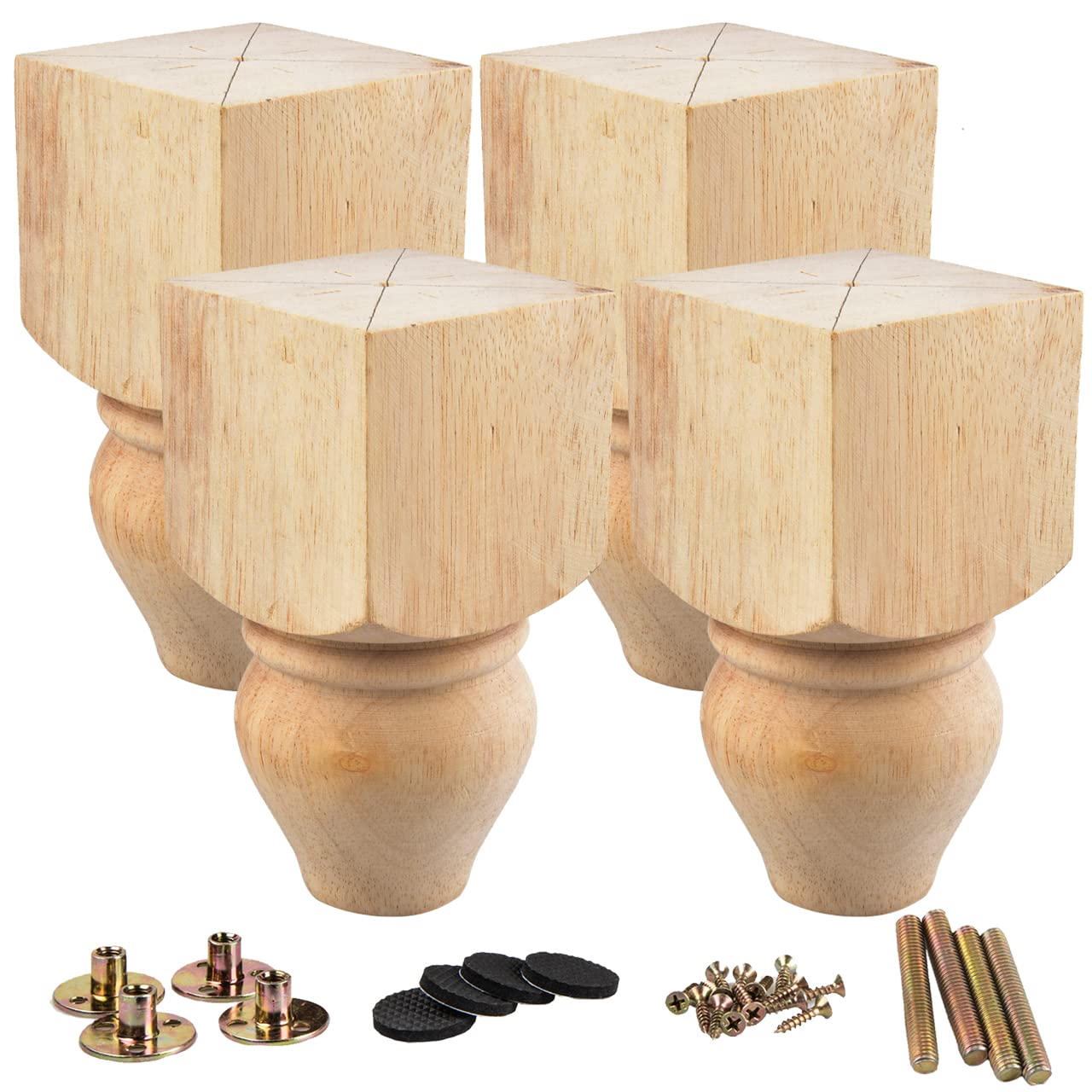 La Vane 5 inch / 12cm Wooden Furniture Legs, Set of 4 Solid Wood Carved Geometry Unfinished Replacement Bun Feet with Mounting Plate & Screws for Sofa Cabinet Couch Table TV Stand