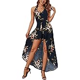 Kormei Womens Scoop Neck Halter Backless Floral Rayon Party Split Maxi Romper Dress
