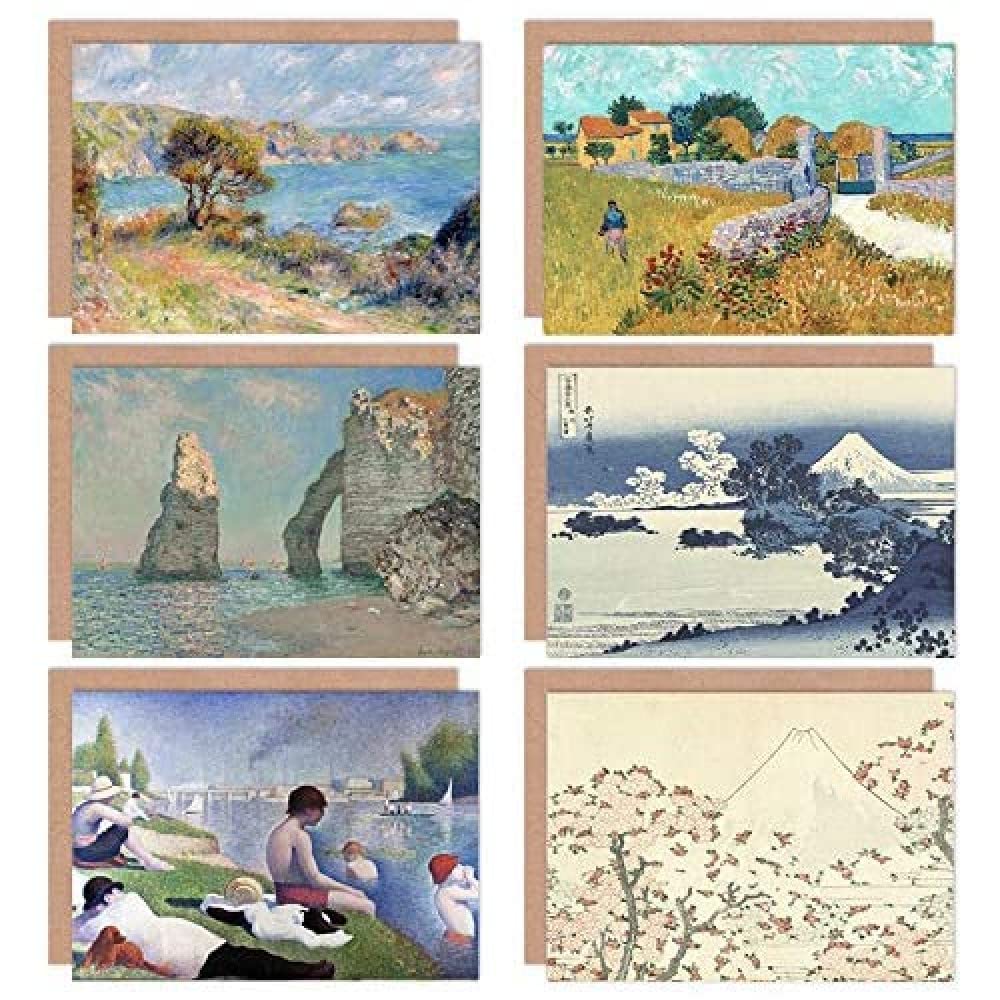 Artery8 Hokusai Van Gogh Seurat Monet Renoir Landscape Flower Mixed Fine Art Greeting Card Pack of 6