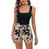 BEAUDRM Women's 2 Piece Floral Boho Outfit Sleeveless Square Neck Tank Top and Tribal Print Belted Shorts Vacation Sets