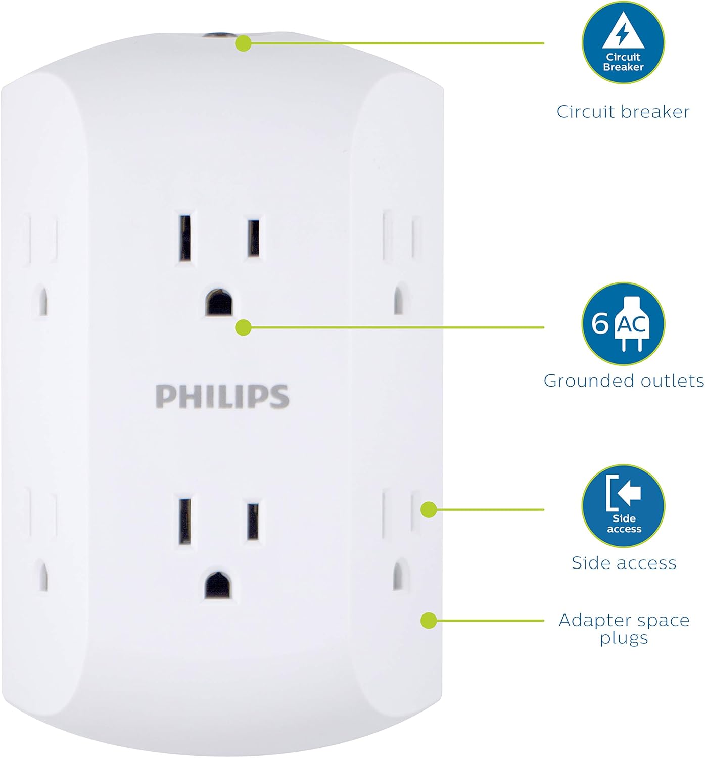 Philips 6 Outlet Charger, Resettable Circuit Breaker, 3-Prong Grounded Adapter, Side Access, Wall Tap, White, SPS1460WA/37, 1 Pack: Computers & Accessories