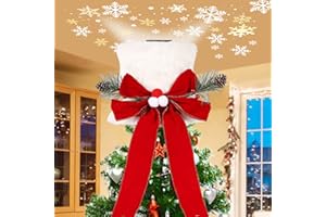 HIAGROW Valentines Day Tree Topper Hat, Lighted White Plush Tree Toppers Red Bow Decorations with Snowflake Projector for Tree Xmas/Winter Valentine's Day Party Indoor Decor