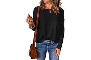 Acelitt Womens Casual Lightweight Crewneck Long Sleeve Drop Shoulder Knit Shirts Tops, S-XXL