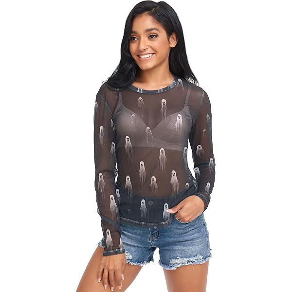SUUKSESS Women Sexy Mesh Sheer Long Sleeve Tops Mock Neck