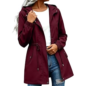 FOCLMP Women Rain Jacket with Hood Lightweight Waterproof Golf Windbreaker Cinched Waist Long Casual Camping Hiking Raincoat